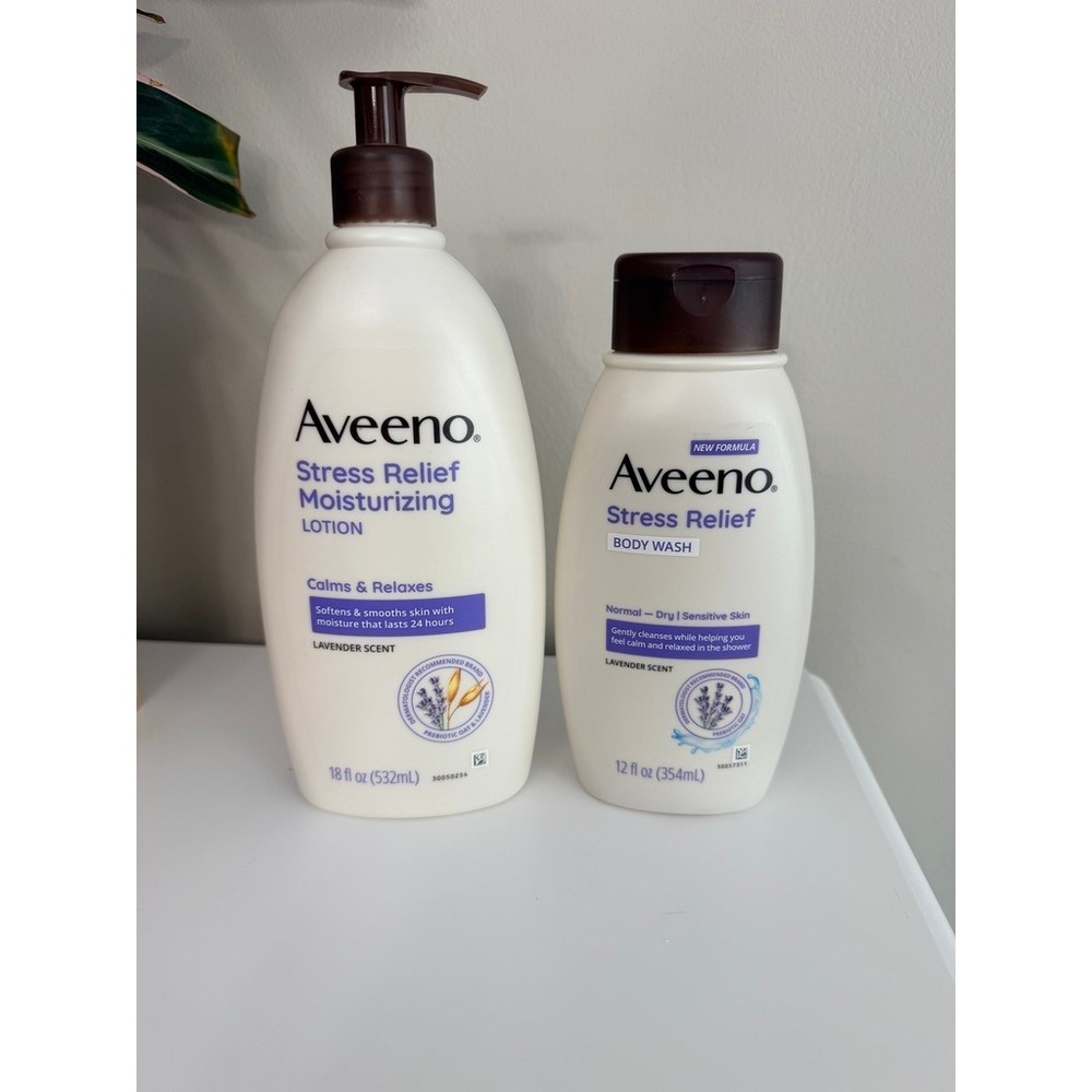 Aveeno Stress Relief Lotion & Body Wash Set Unisex 18oz 12oz Lavender NWT
